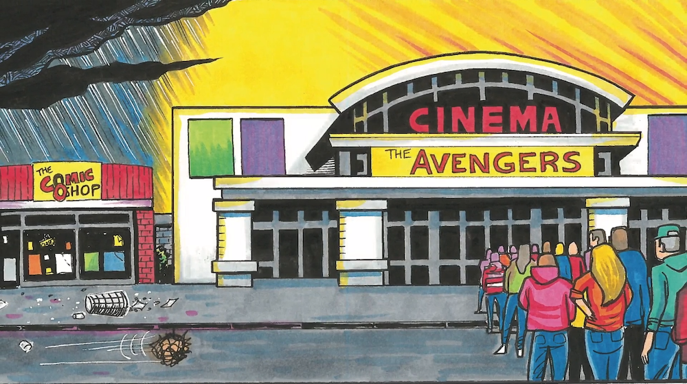 An illustration of people lining up for an Avengers movie, but leaving a comic shop to rot.