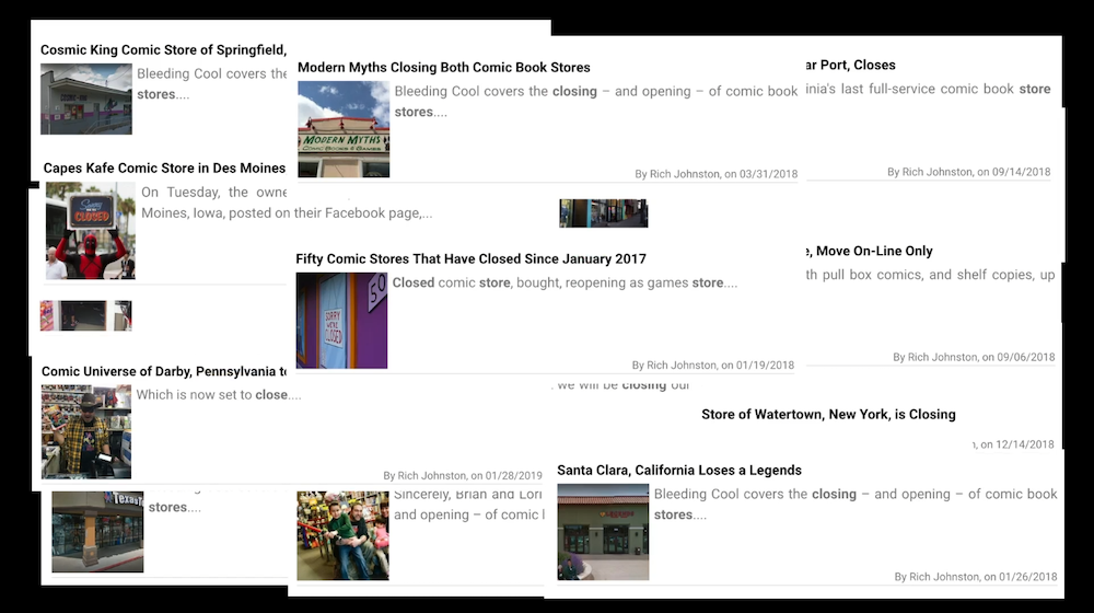 Online notices for comic shops across the United States closing down.